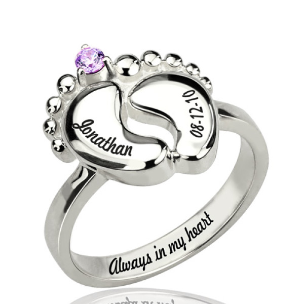 Engraved Baby Feet Ring with Birthstone Sterling Silver  - Handcrafted & Custom-Made