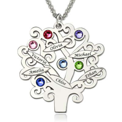 Engraved Family Tree Necklace with Birthstones Sterling Silver  - Handcrafted & Custom-Made