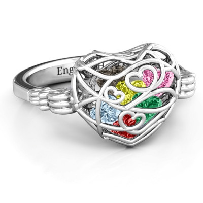 Encased in Love Caged Hearts Ring with Butterfly Wings Band - Handcrafted & Custom-Made