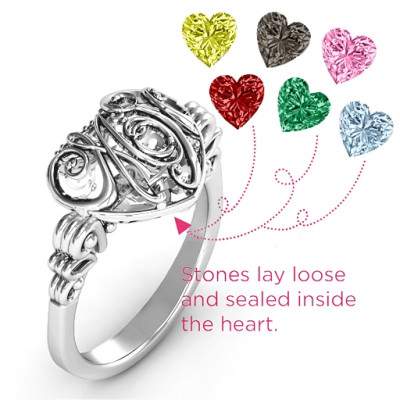 Cursive Mom Caged Hearts Ring with Butterfly Wings Band - Handcrafted & Custom-Made