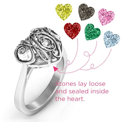 Cursive Mom Caged Hearts Ring with Ski Tip Band - Handcrafted & Custom-Made