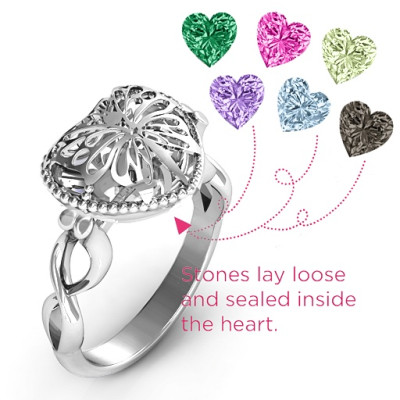 Sterling Silver Butterfly Caged Hearts Ring with Infinity Band - Handcrafted & Custom-Made