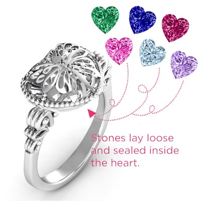 Butterfly Caged Hearts Ring with Butterfly Wings Band - Handcrafted & Custom-Made