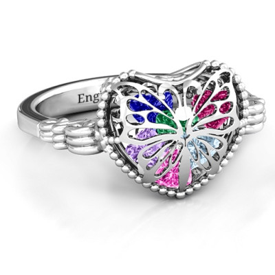 Butterfly Caged Hearts Ring with Butterfly Wings Band - Handcrafted & Custom-Made