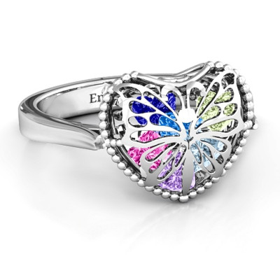 Butterfly Caged Hearts Ring with Ski Tip Band - Handcrafted & Custom-Made