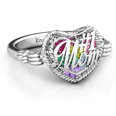 #1 Mom Caged Hearts Ring with Butterfly Wings Band - Handcrafted & Custom-Made