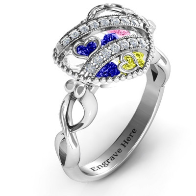 Sparkling Hearts Caged Hearts Ring with Infinity Band - Handcrafted & Custom-Made