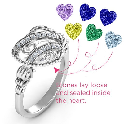 Sparkling Hearts Caged Hearts Ring with Butterfly Wings Band - Handcrafted & Custom-Made