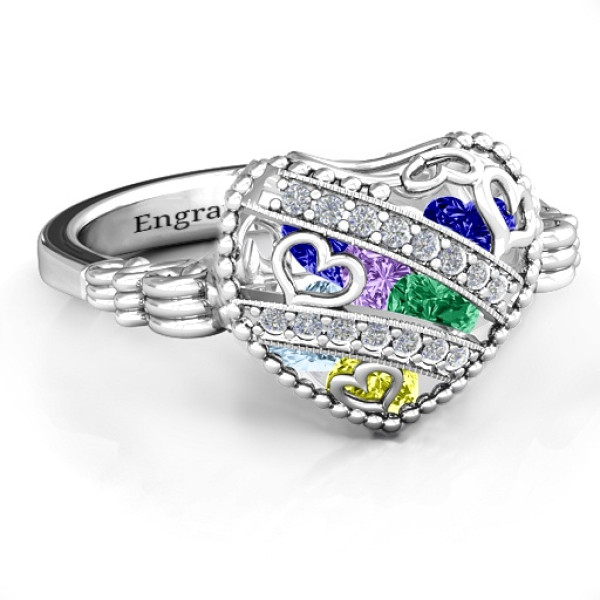 Sparkling Diamond Hearts Caged Hearts Ring with Butterfly Wings Band - Handcrafted & Custom-Made
