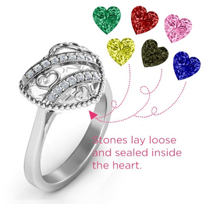 Sparkling Hearts Caged Hearts Ring with Ski Tip Band - Handcrafted & Custom-Made