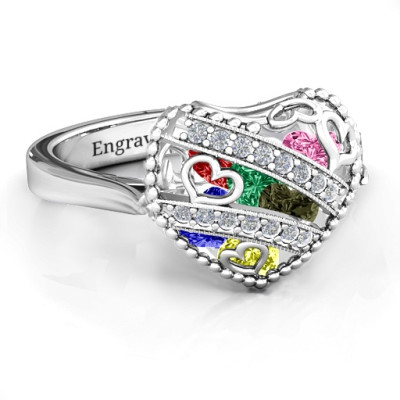 Sparkling Hearts Caged Hearts Ring with Ski Tip Band - Handcrafted & Custom-Made