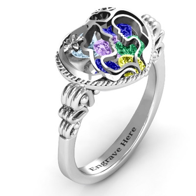 Mother and Child Caged Hearts Ring with Butterfly Wings Band - Handcrafted & Custom-Made