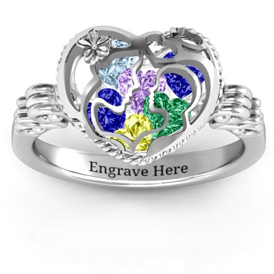 Mother and Child Caged Hearts Ring with Butterfly Wings Band - Handcrafted & Custom-Made