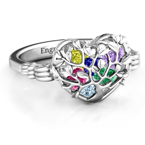 Family Tree Caged Hearts Ring with Butterfly Wings Band - Handcrafted & Custom-Made