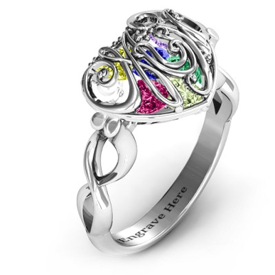 Cursive Mom Caged Hearts Ring with Infinity Band - Handcrafted & Custom-Made