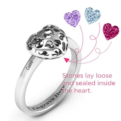 Heart Cut-out Petite Caged Hearts Ring with Classic with Engravings Band - Handcrafted & Custom-Made