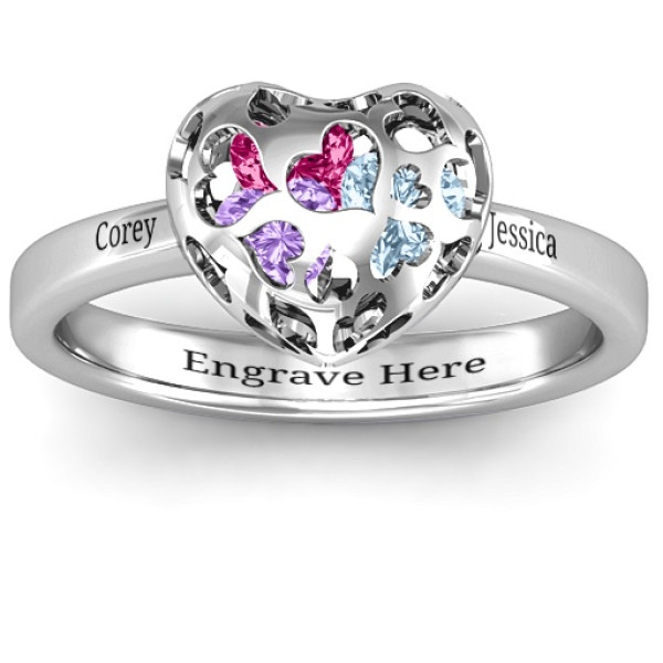 Heart Cut-out Petite Caged Hearts Ring with Classic with Engravings Band - Handcrafted & Custom-Made