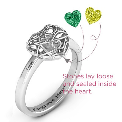 Encased in Love Petite Caged Hearts Ring with Classic with Engravings Band - Handcrafted & Custom-Made