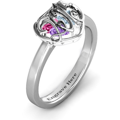 2015 Petite Caged Hearts Ring with Classic with Engravings Band - Handcrafted & Custom-Made