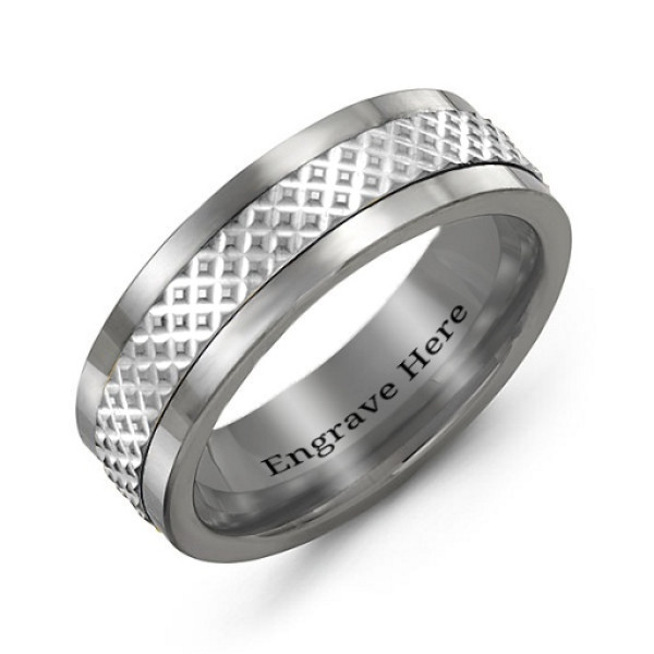 Sterling Silver Men's Tungsten Mesh Inlay Band Ring - Handcrafted & Custom-Made