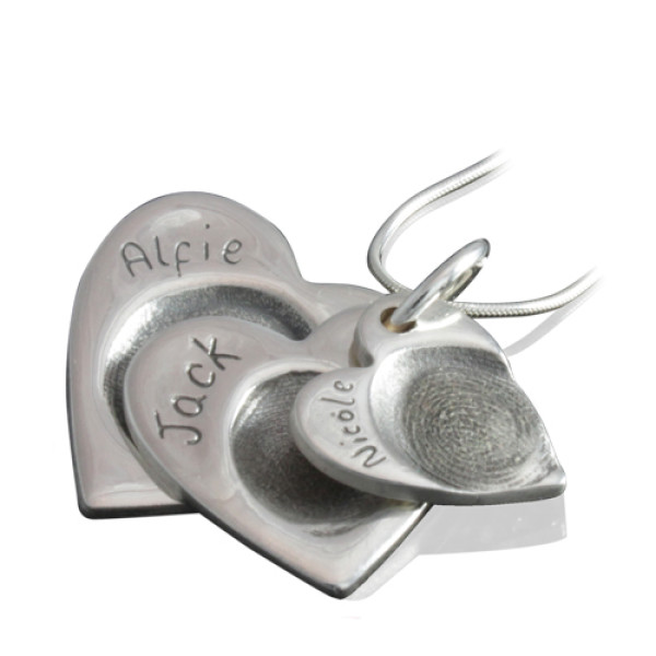 925 Sterling Silver FingerPrint Cascade Triple Heart Pendant - Handcrafted & Custom-Made