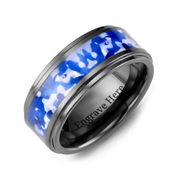 Blue Marine Camouflage Ceramic Wedding Ring - Handcrafted & Custom-Made