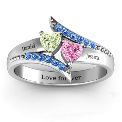 Diagonal Dream Ring With Heart Stones  - Handcrafted & Custom-Made