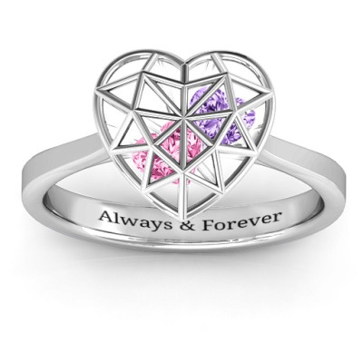 Diamond Heart Cage Ring With Encased Heart Stones  - Handcrafted & Custom-Made