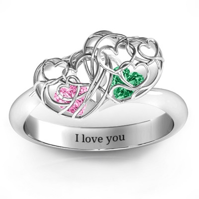 Double Heart Cage Ring with 1-6 Heart Shaped Birthstones  - Handcrafted & Custom-Made
