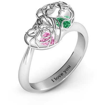 Double Heart Cage Ring with 1-6 Heart Shaped Birthstones  - Handcrafted & Custom-Made