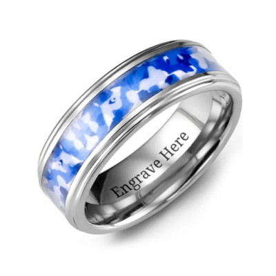 Grooved Tungsten Ring with Royal Blue Camouflage Insert - Handcrafted & Custom-Made