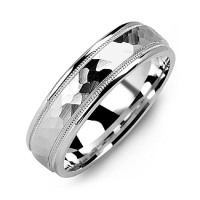 Matte Hammer-Cut Men's Ring with Milgrain Detail - Handcrafted & Custom-Made