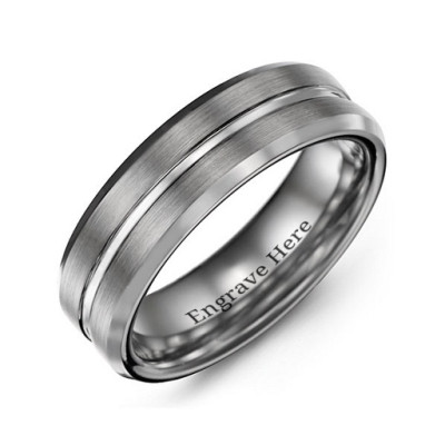 Men's Brushed Grooved Centre Beveled Tungsten Ring - Handcrafted & Custom-Made