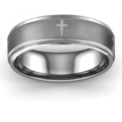 Men's Cross and Brushed Centre Tungsten Ring - Handcrafted & Custom-Made