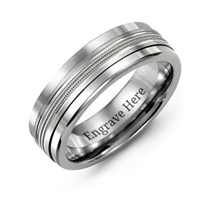 Men's Modern Beaded Centre Tungsten Band Ring - Handcrafted & Custom-Made