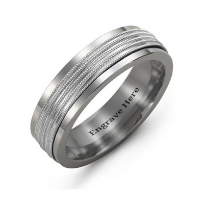 Men's Ribbed Centre Tungsten Band Ring - Handcrafted & Custom-Made