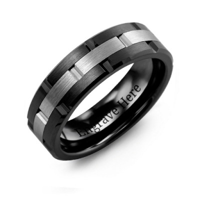 Men's Ceramic & Tungsten Grooved Brushed Ring - Handcrafted & Custom-Made