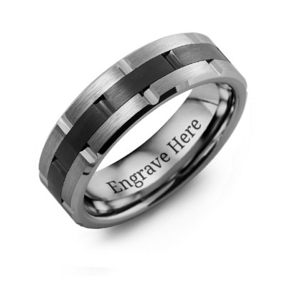 Men's Tungsten & Ceramic Grooved Brushed Ring - Handcrafted & Custom-Made