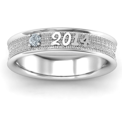 Sterling Silver 2014 Unisex Textured Graduation Ring with Emerald Stone  - Handcrafted & Custom-Made