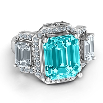 Sterling Silver Emerald Cut Trinity Ring with Triple Halo - Handcrafted & Custom-Made