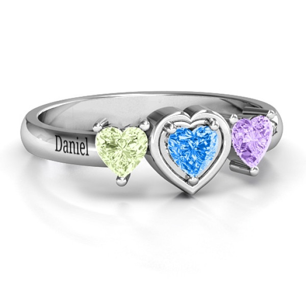 Sterling Silver Heart Stone with Twin Heart Accents Ring  - Handcrafted & Custom-Made