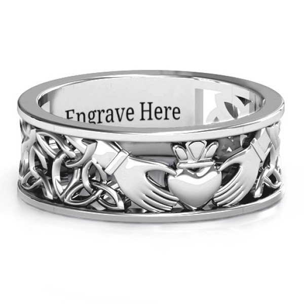 Sterling Silver Men's Celtic Claddagh Band Ring - Handcrafted & Custom-Made