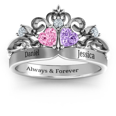 Sterling Silver Royal Romance Double Heart Tiara Ring with Engravings - Handcrafted & Custom-Made