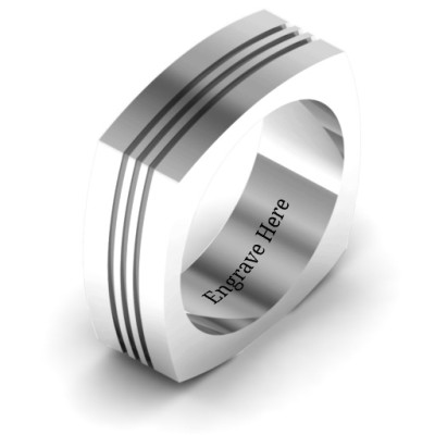 Sterling Silver Stria Grooved Square-shaped Men's Ring - Handcrafted & Custom-Made
