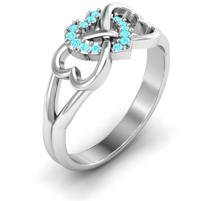 Sterling Silver Triple Heart Infinity Ring with Mint Swarovski Zirconia Stones  - Handcrafted & Custom-Made