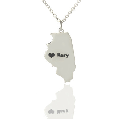 Personalised Illinois State Shaped Necklaces With Heart  Name Silver - Handcrafted & Custom-Made
