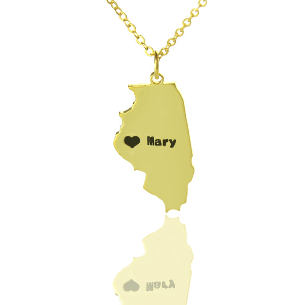 Custom Illinois State Shaped Necklaces With Heart  Name Gold Plated - Handcrafted & Custom-Made