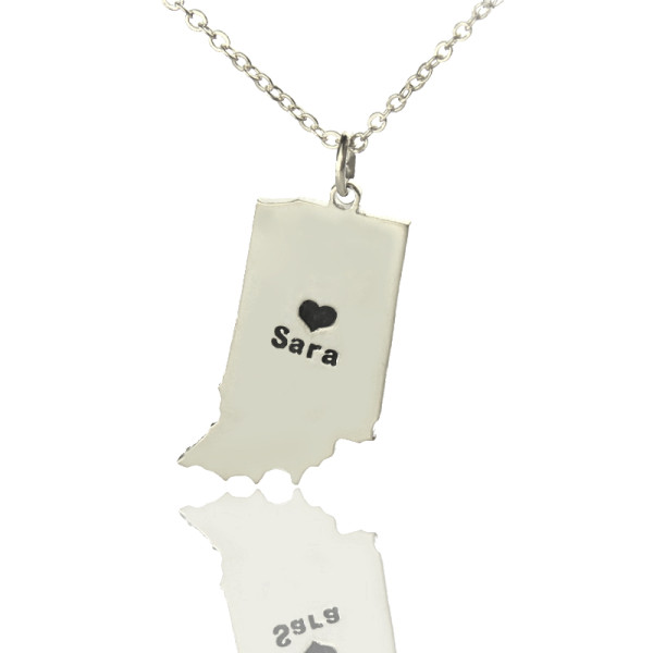 Custom Indiana State Shaped Necklaces With Heart  Name Silver - Handcrafted & Custom-Made