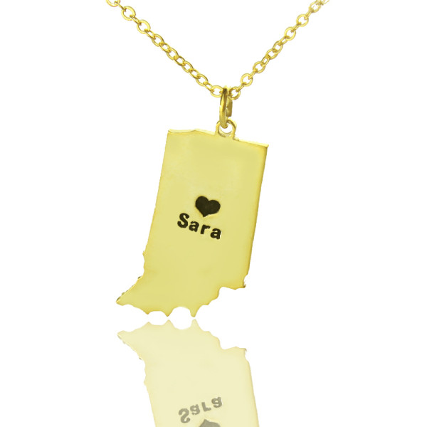 Custom Indiana State Shaped Necklaces With Heart  Name Gold Plated - Handcrafted & Custom-Made