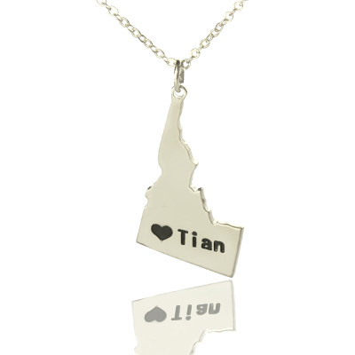 The Idaho State USA Map Necklace With Heart  Name Silver - Handcrafted & Custom-Made